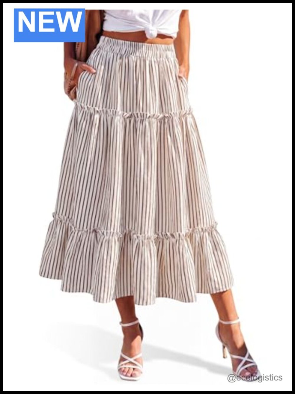Women's Striped Midi Skirt High Waisted Ruffle Tiered with Pockets A-Line Flowy